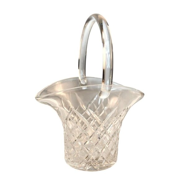 Pressed Cut Crystal Glass Basket Vase Handled Diamond Pattern Decorative Display - Picture 2 of 9